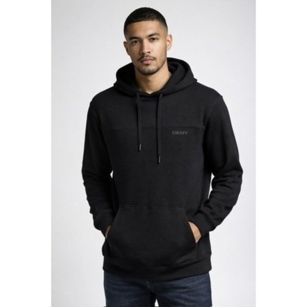 DKNY Mens Black Mixed Media Pullover Hoodie Tonal Logo Sweatshirt Large